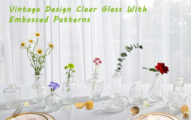 Photo 2 of Vases- Set of 10 Small Flower Glass Vases for Centerpieces, Cute Clear Crystal Bud Vases in Bulk, Mini Vintage Bud Vases for Wedding Decorations, Party Table Flower Bud Vases Decor