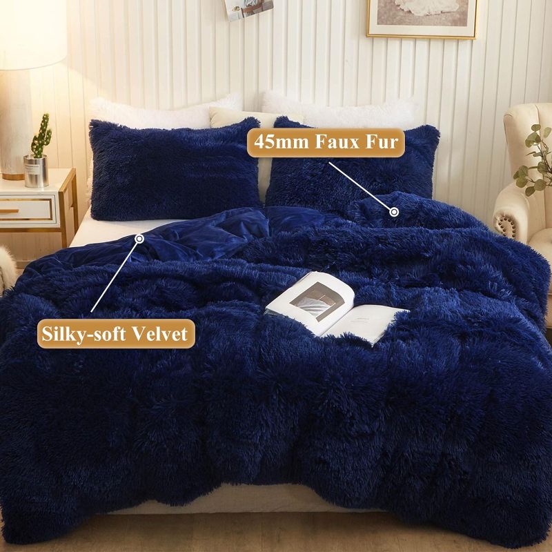 Photo 2 of XeGe Plush Shaggy Duvet Cover, Luxury Ultra Soft Crystal Velvet Fuzzy Bedding 1PC(1 Faux Fur Duvet Cover), Fluffy Furry Comforter Cover with Zipper Closure(King, Navy Blue)
