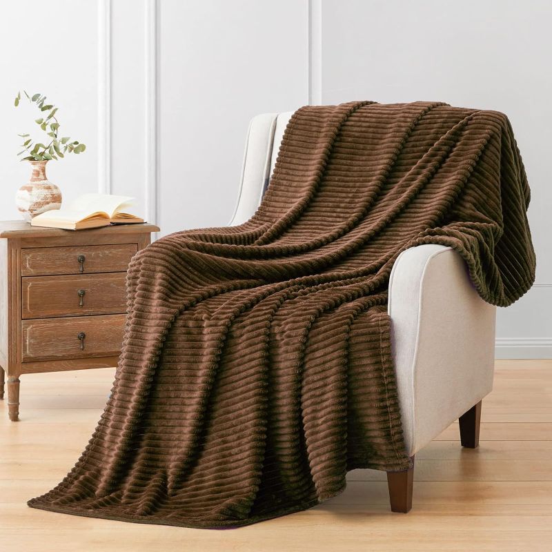 Photo 1 of Vessia Flannel Fleece Throw Blanket(50X70 Inch), 300GSM Cozy Brown Stripe Throw Blanket for Couch, Sofa and Bed, Warm and Soft Chocolate Microfiber Ribbed Blanket for All Season
