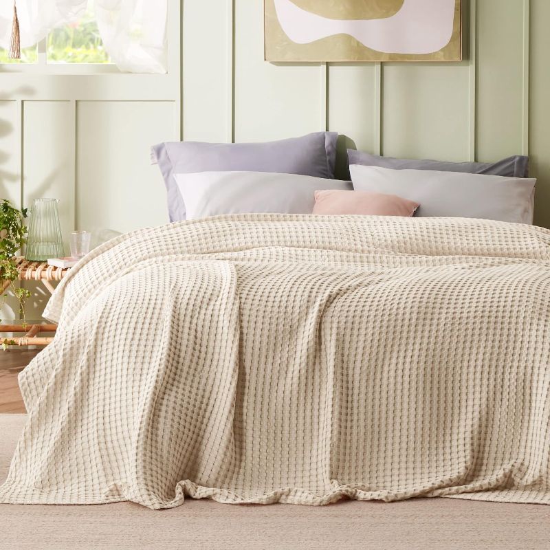 Photo 2 of Bedsure Cooling Cotton Waffle King Size Blanket - Lightweight Breathable Blanket of Rayon Derived from Bamboo for Hot Sleepers, Luxury Throws for Bed, Couch and Sofa, Beige, 104x90 Inches
