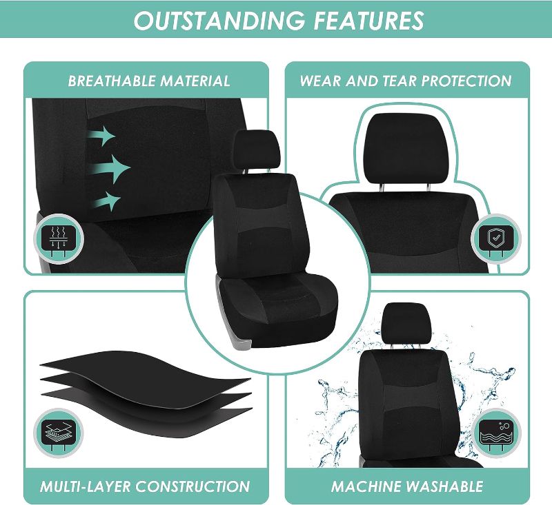 Photo 2 of FH Group Car Seat Covers Front Set Black Cloth -Seat Covers for Low Back Car Seats with Removable Headrest,Universal Fit,Automotive SeatCover,Airbag Compatible Car Seat Cover for SUV,Sedan,Van
