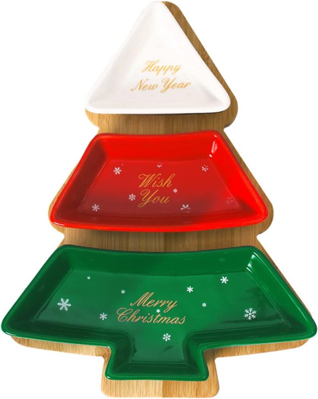 Photo 2 of ROSE CREATE Colorful 10.8 Inches Snack Appetizer Trays Set, Christmas Tree Dessert Serving Dishes, Snack Platter, 3 pcs Removable Porcelain Plates with Bamboo Tree Tray
