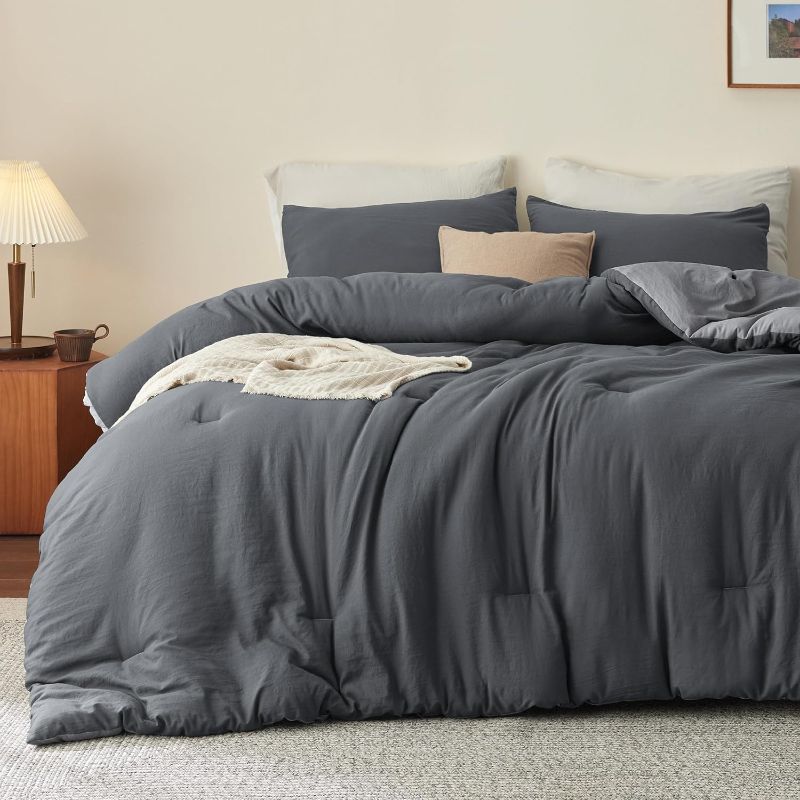 Photo 2 of Bedsure Bedding Comforter Sets Queen, Reversible Grey Prewashed Bed Comforter for All Seasons, 3 Pieces Warm Soft Bed Set, 1 Lightweight Comforter (90"x90") and 2 Pillowcases (20"x26")
