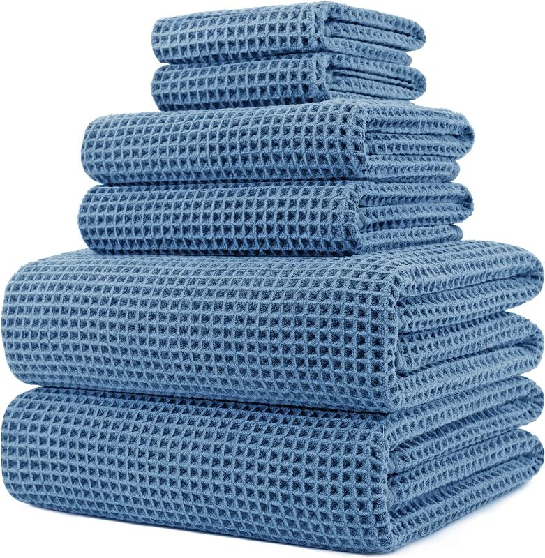 Photo 1 of POLYTE Oversize, 60 x 30 in., Quick Dry Lint Free Microfiber Bath Towel Set, 6 Piece (Blue, Waffle Weave)
