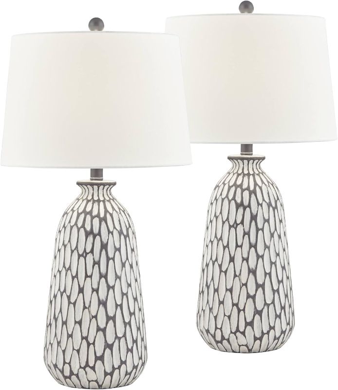 Photo 2 of 360 Lighting Carlton Modern Coastal Table Lamps 28 1/4" Tall Set of 2 Gray Wash Off White Fabric Tapered Drum Shade for Living Room Bedroom House Bedside Nightstand Home Office Family
