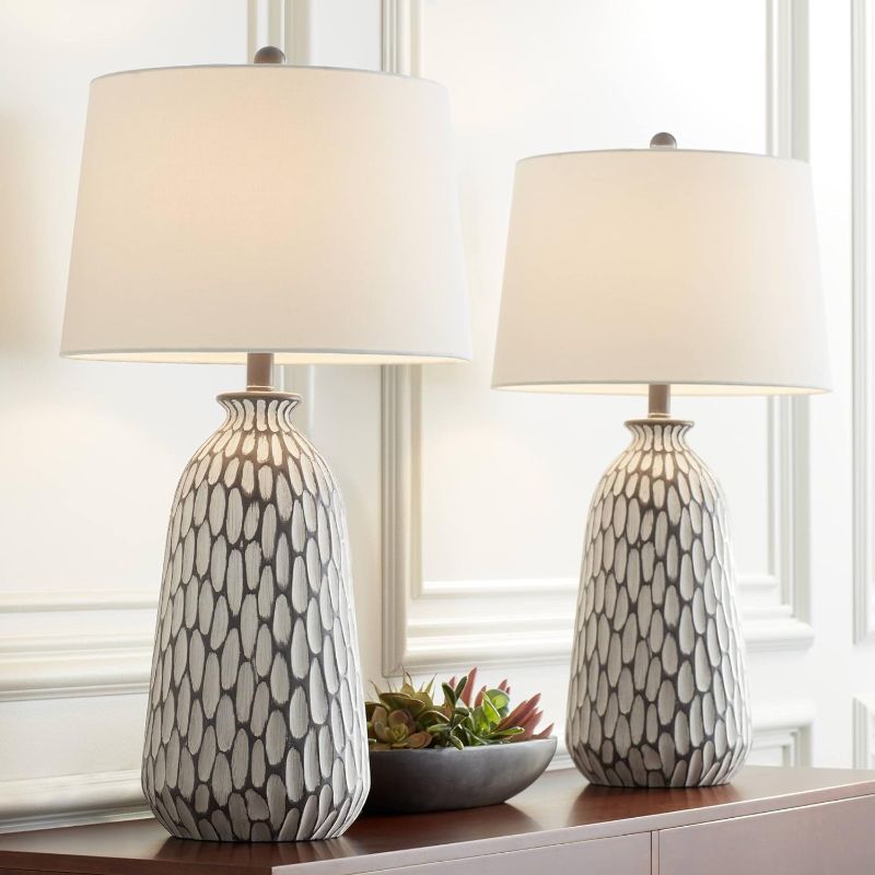 Photo 1 of 360 Lighting Carlton Modern Coastal Table Lamps 28 1/4" Tall Set of 2 Gray Wash Off White Fabric Tapered Drum Shade for Living Room Bedroom House Bedside Nightstand Home Office Family
