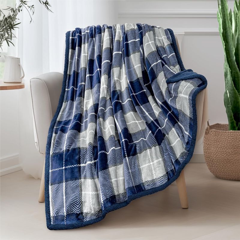 Photo 1 of PAVILIA Navy Blue Plaid Sherpa Throw Blanket for Couch, Soft Navy Flannel Blanket & Throws for Bed Sofa, Plush Warm Cozy Winter Christmas Blanket, Reversible Fuzzy Decorative Fleece Gift Throw, 50x60
