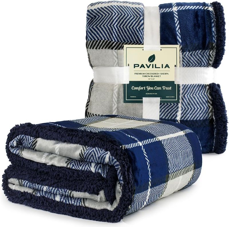 Photo 2 of PAVILIA Navy Blue Plaid Sherpa Throw Blanket for Couch, Soft Navy Flannel Blanket & Throws for Bed Sofa, Plush Warm Cozy Winter Christmas Blanket, Reversible Fuzzy Decorative Fleece Gift Throw, 50x60
