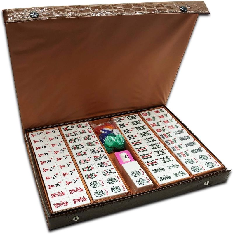 Photo 2 of American Mahjong Game Set 166 White Engraved Tiles for Western Mah Jong, Mah jongg Play with Traveler Size Carrying Case, Dices, Chips, Manual,Win indicator. / Racks and Pushers not included

