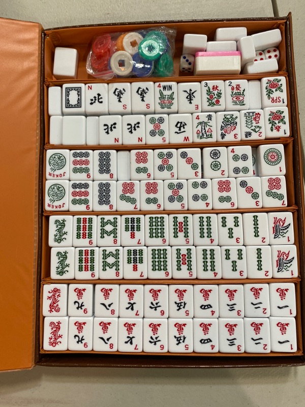 Photo 3 of American Mahjong Game Set 166 White Engraved Tiles for Western Mah Jong, Mah jongg Play with Traveler Size Carrying Case, Dices, Chips, Manual,Win indicator. / Racks and Pushers not included
