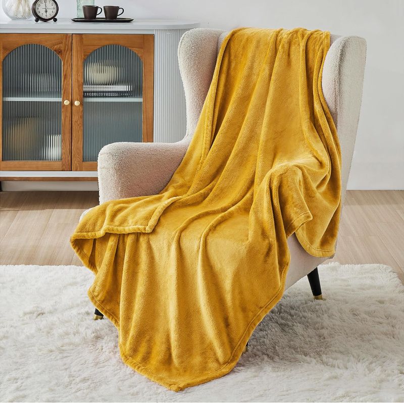 Photo 2 of Bedsure Mustard Yellow Fleece Blanket Throw Blanket - Gold Lightweight Blanket for Sofa, Couch, Bed, Camping, Travel - Super Soft Cozy Blanket
