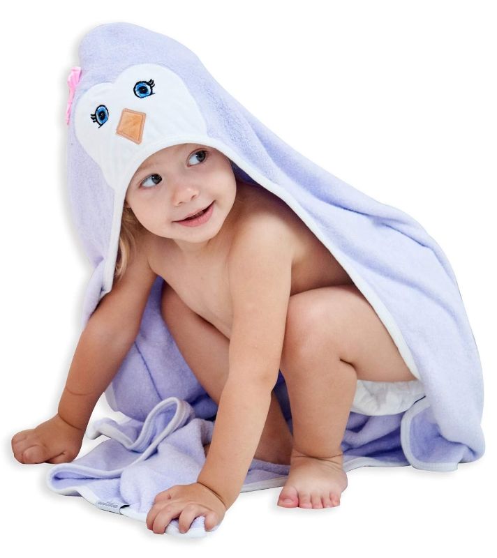 Photo 1 of HIPHOP PANDA Hooded Baby Towel - Rayon Made from Bamboo, Soft Hooded Bath Towel for Babie, Toddler,Infant, Perfect for Boy and Girl - (Purple Penguin, 30 x 30 Inch)
