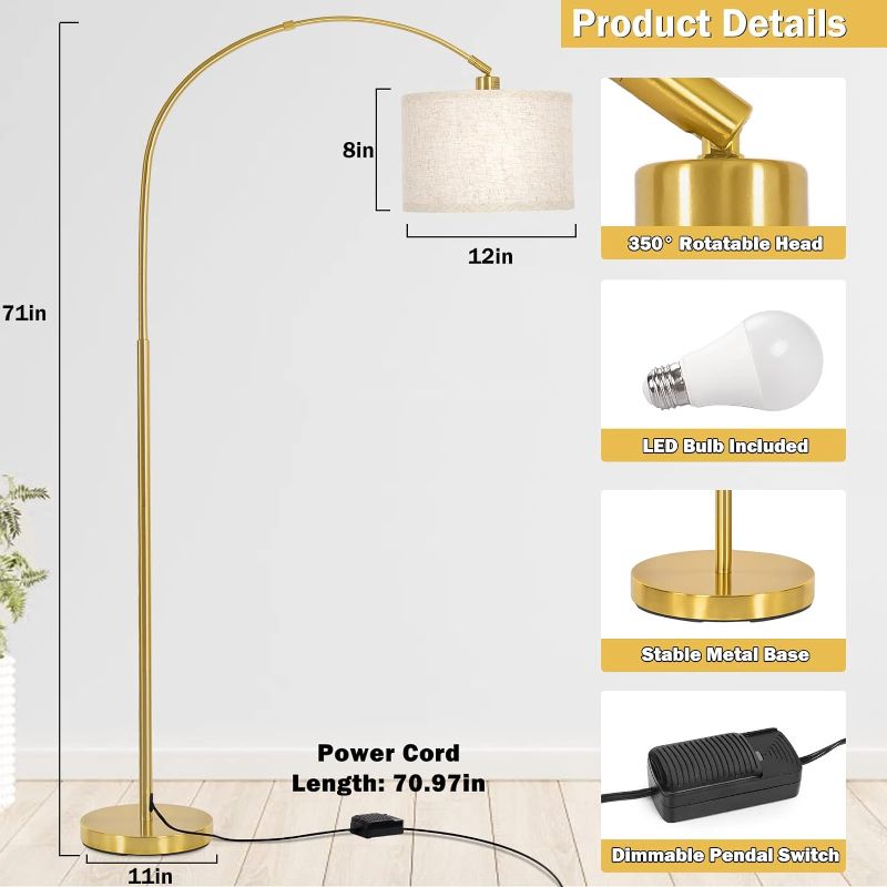 Photo 2 of Gold Arc Floor Lamp, Dimmable Floor Lamp for Living Room, Mordern Standing Lamp with Adjustable Lamp Head, Tall Pole Lamp Over Couch Arched Light for Reading, Bedroom, Office, 9W LED Bulb Included
