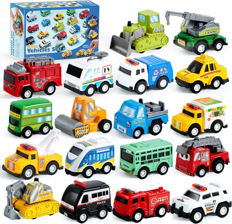 Photo 1 of JOYIN 18 Pcs Pull Back City Cars and Trucks Toy Vehicles Set, Friction Powered Cars Toys for Toddlers, Boys, Girls’ Educational Play, Goodie Bags Easter Basket Stuffers
