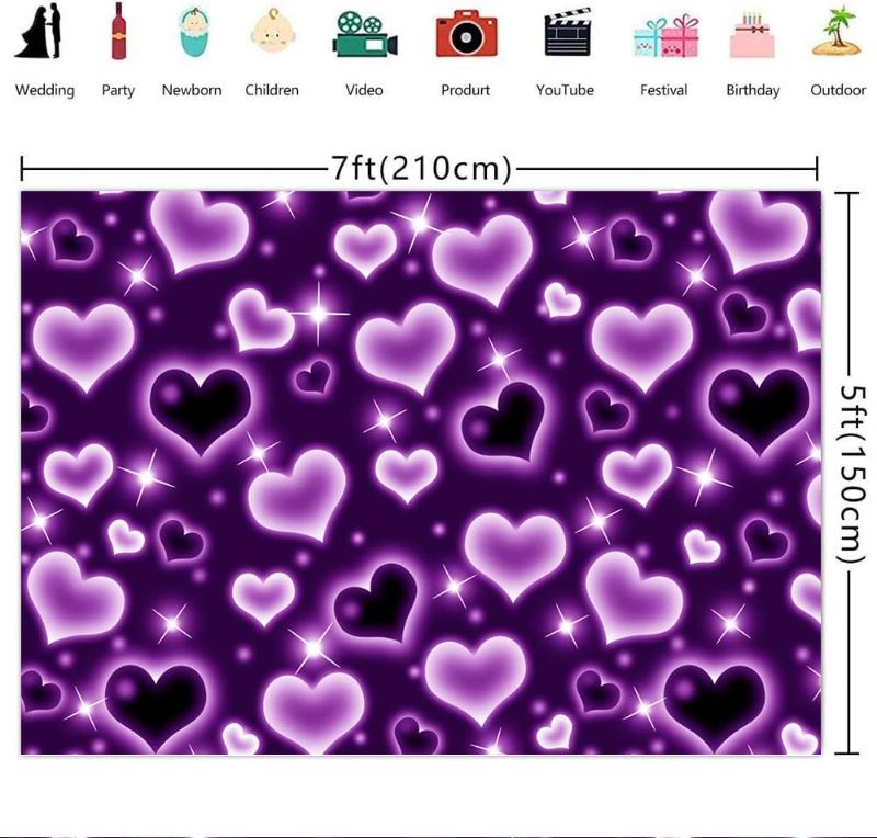 Photo 1 of 7×5ft Purple Heart Early 2000s Photo Backdrop Valentine's Day Birthday Party Banner Decorations Glitter Heart Sweet 16 18th 21th 30th Women Men Happy Birthday Photography Background Selfile Wall Decor
