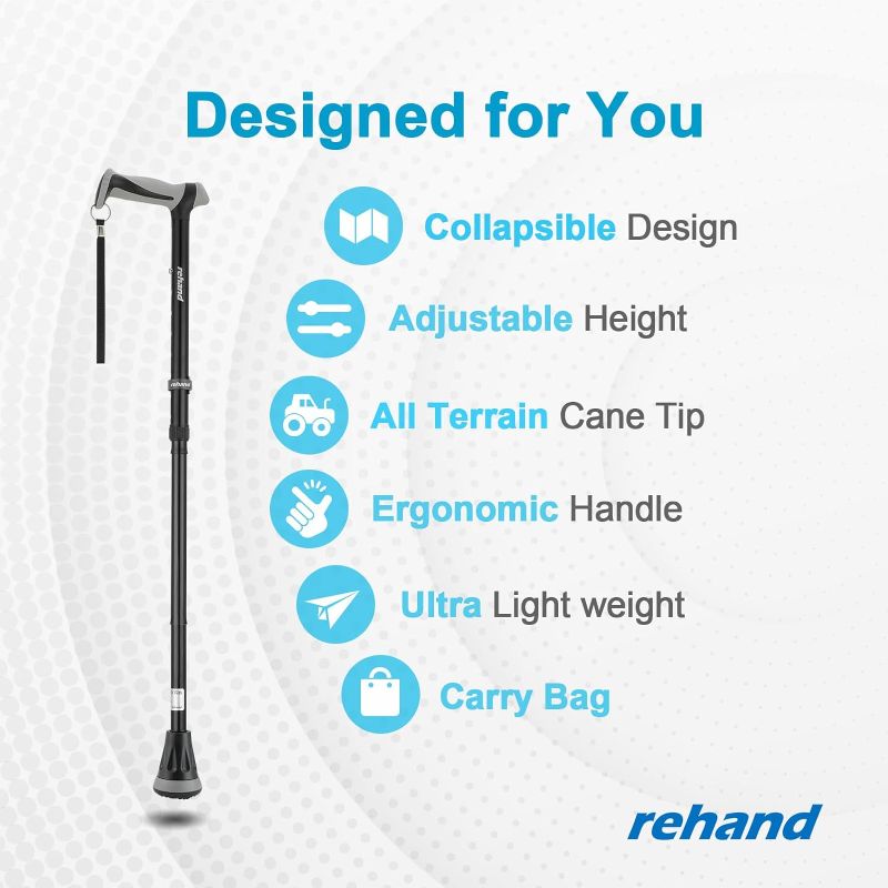 Photo 2 of REHAND Walking Cane - Foldable, Adjustable, Collapsible Walking Canes for Men & Women, Heavy Duty All Terrain Tip, with Travel Bag | Walking Sticks for Seniors & Adults
