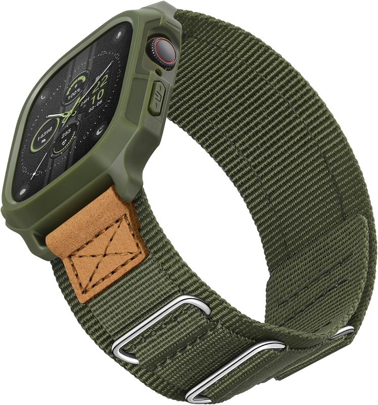 Photo 1 of SUNFWR Bands Compatible with Apple Watch 44mm 45mm with Case,Rugged Velcro Sport Apple Watch Strap with Protective Cover for iwatch Series 9/8/7/6/5/4/SE for Men(Army green)
