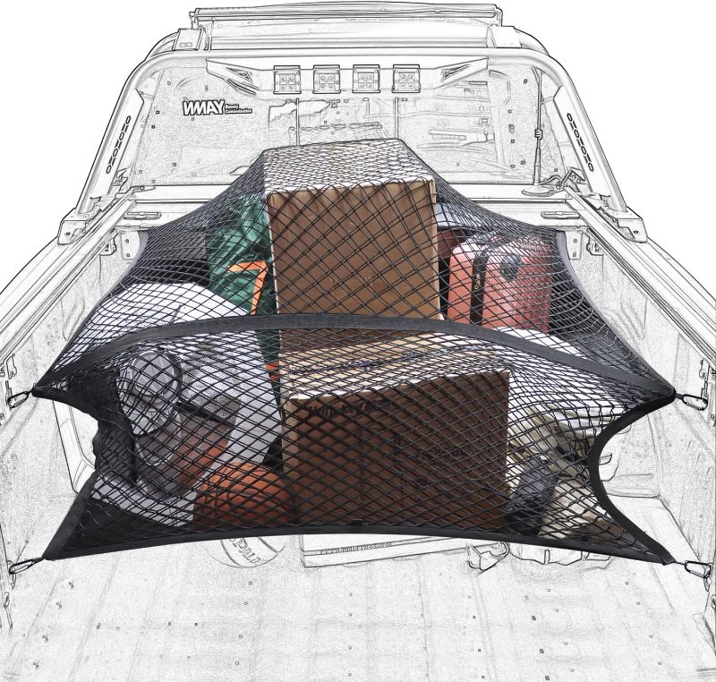 Photo 1 of Truck Bed Net, Double-Layer Elastic Cargo Net Stretchable Mesh Organizer for Pickup, Suitable for Daily Light Loads of Trucks, Up to 2X Elastic from 4x4 FT Stretches to 7x7 FT
