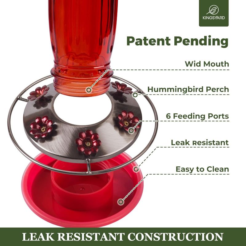 Photo 3 of Kingsyard Glass Hummingbird Feeder for Outdoors Wild Bird Feeder with 6 Feeding Ports Hanging for Garden Yard, Red (Ant Moat Included)
