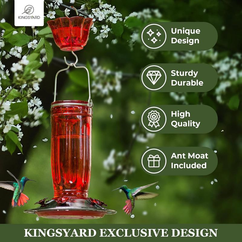 Photo 2 of Kingsyard Glass Hummingbird Feeder for Outdoors Wild Bird Feeder with 6 Feeding Ports Hanging for Garden Yard, Red (Ant Moat Included)
