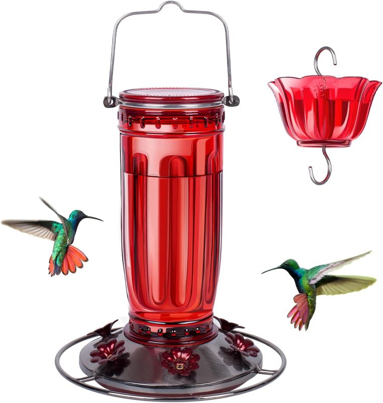 Photo 1 of Kingsyard Glass Hummingbird Feeder for Outdoors Wild Bird Feeder with 6 Feeding Ports Hanging for Garden Yard, Red (Ant Moat Included)
