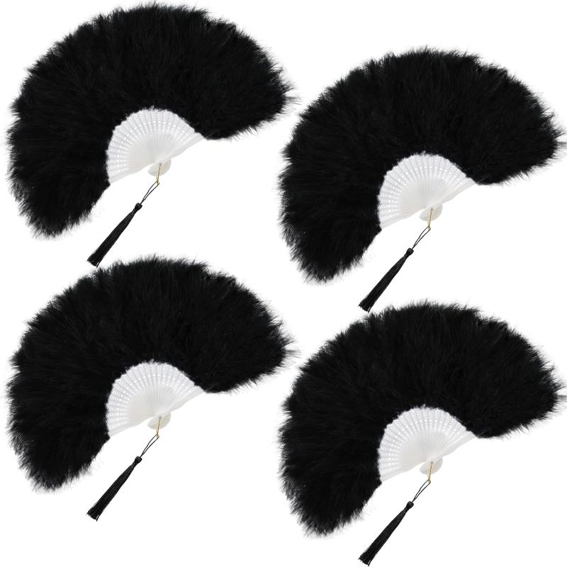Photo 1 of 4 Pieces Marabou Feather Fan Handheld 1920s Vintage Feather Fans Flapper Folding Fan Wedding Party Favor for Women Costume Party Dancing Photoshoot Wedding Decor (Black)
