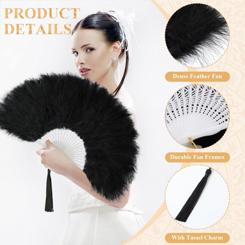 Photo 2 of 4 Pieces Marabou Feather Fan Handheld 1920s Vintage Feather Fans Flapper Folding Fan Wedding Party Favor for Women Costume Party Dancing Photoshoot Wedding Decor (Black)
