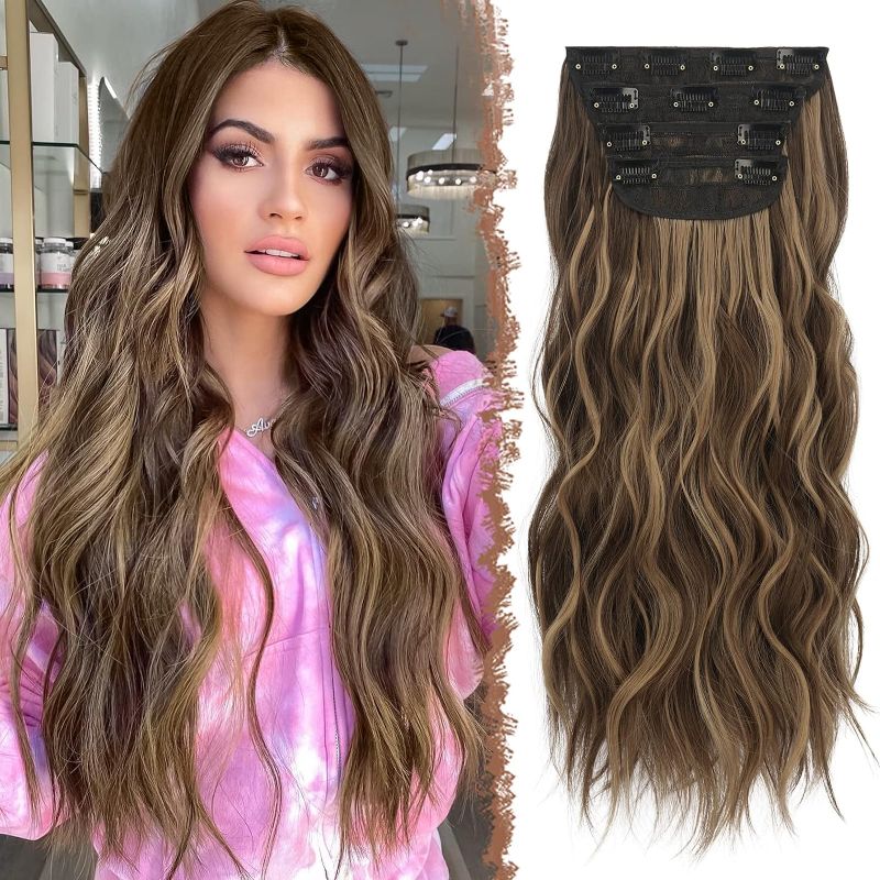 Photo 1 of FESHFEN Clip in Hair Extensions 4 PCS Honey Blonde Mixed Light Brown Thick Highlighted Hair Piece Long Wavy Clip in Extensions Full Head Synthetic Hair Extension for Women, 20 Inch
