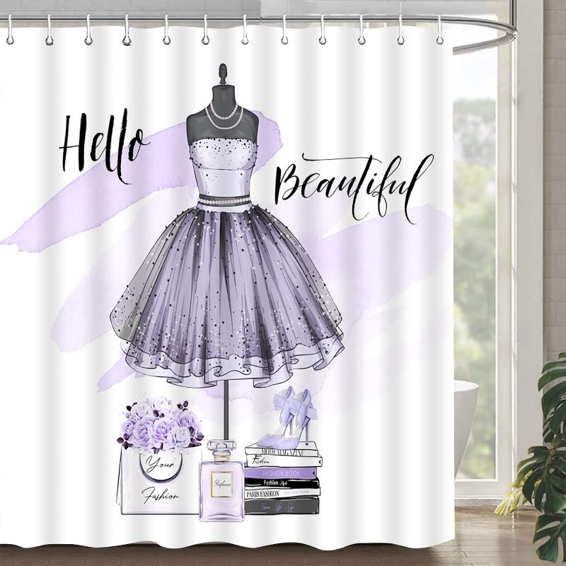 Photo 1 of BBIOKD Girly Dresses Shower Curtain Purple Fashion Women Makeup Charming Hello Beautiful Perfume Romantic Elegant Lady Fabric Bath Curtains Bathroom Set Hooks 35x70 Inch
