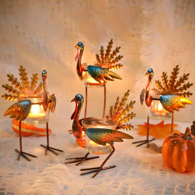 Photo 1 of Thanksgiving Turkey Candle Holder, Set of 4 Tea Light Candles Holders Holiday Candlestick Autumn Thanksgiving Decoration for Home, Table, Fireplace, Window
