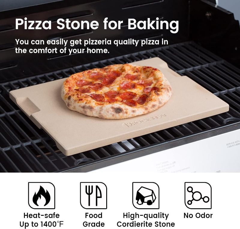 Photo 2 of ROCKSHEAT Pizza Stone 12in x 15in Rectangular Baking & Grilling Stone, Perfect for Oven, BBQ and Grill. Innovative Double - faced Built - in 4 Handles Design
