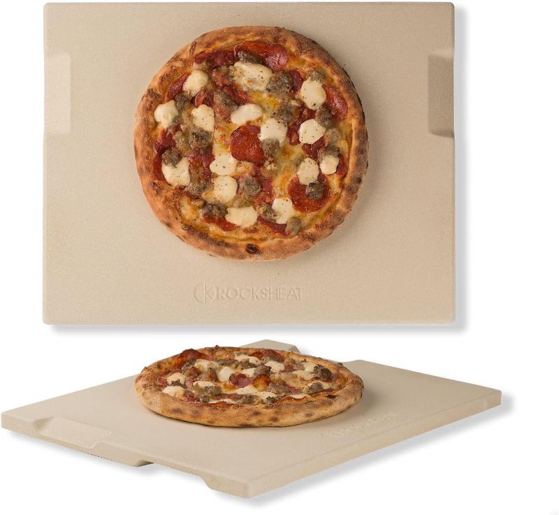 Photo 1 of ROCKSHEAT Pizza Stone 12in x 15in Rectangular Baking & Grilling Stone, Perfect for Oven, BBQ and Grill. Innovative Double - faced Built - in 4 Handles Design
