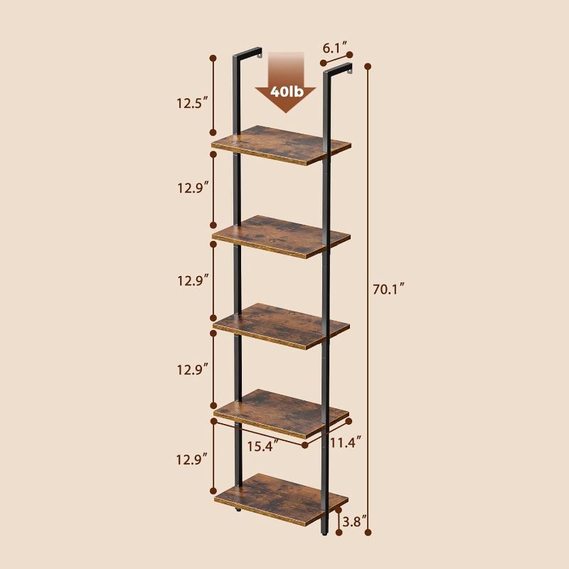 Photo 1 of elyken 5-Tier Bookshelf, Narrow Book Shelf, Open Wall-Mounted Ladder Shelf with Metal Frame, Display Bookcase for Home Office, Bedroom, Rustic Brown
