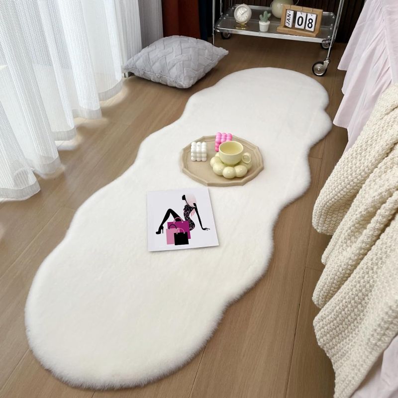 Photo 1 of Rehert Luxury White Fluffy Rug, 2x6 Fluffy Shaggy Soft Faux Rabbit Fur Rug, Bedside Rugs Non Slip Rug, Throw Washable Rug
