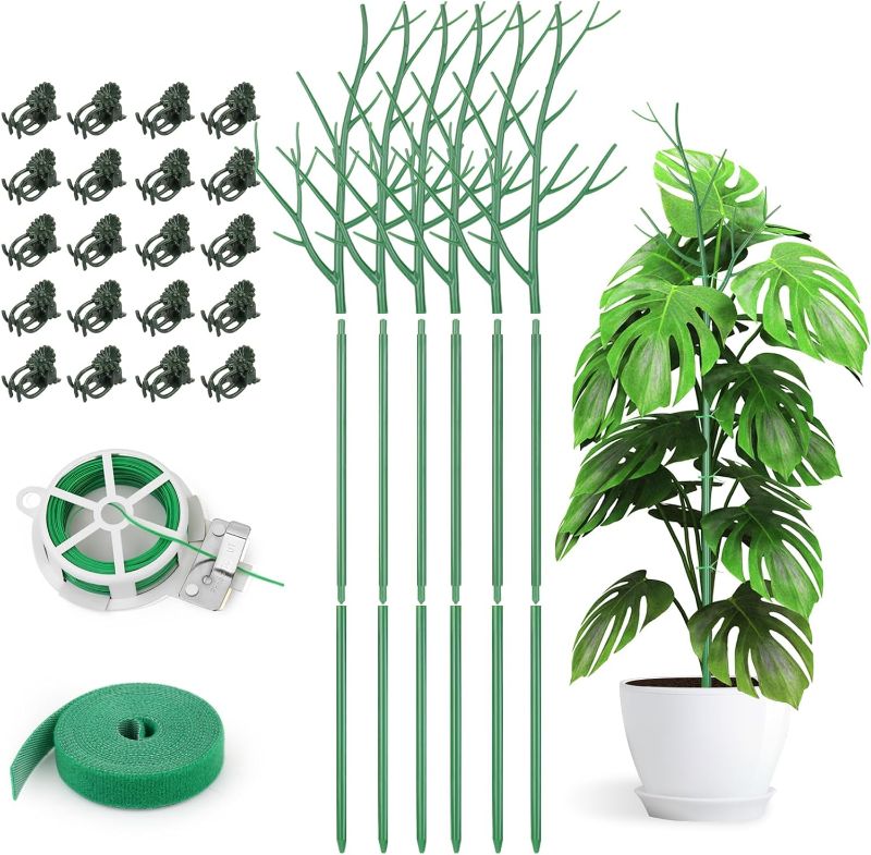 Photo 1 of 6 Pack Plant Support Stakes for Indoor Plants, 39.37 Inch Twig Plant Sticks with Orchid Clips Twist Ties and Plant Ties for House Potted Plants and Flower, Plastic Branches Support Structures, Green
