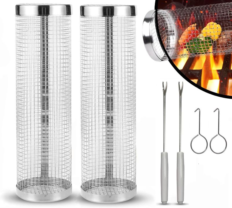 Photo 1 of Rolling Grilling Baskets for Outdoor Grill & BBQ - Stainless Steel Mesh Grill Basket for Fish, Shrimp, Meat, Vegetables, Fries and More- Set of 2 Cylindrical Barbeque Basket
