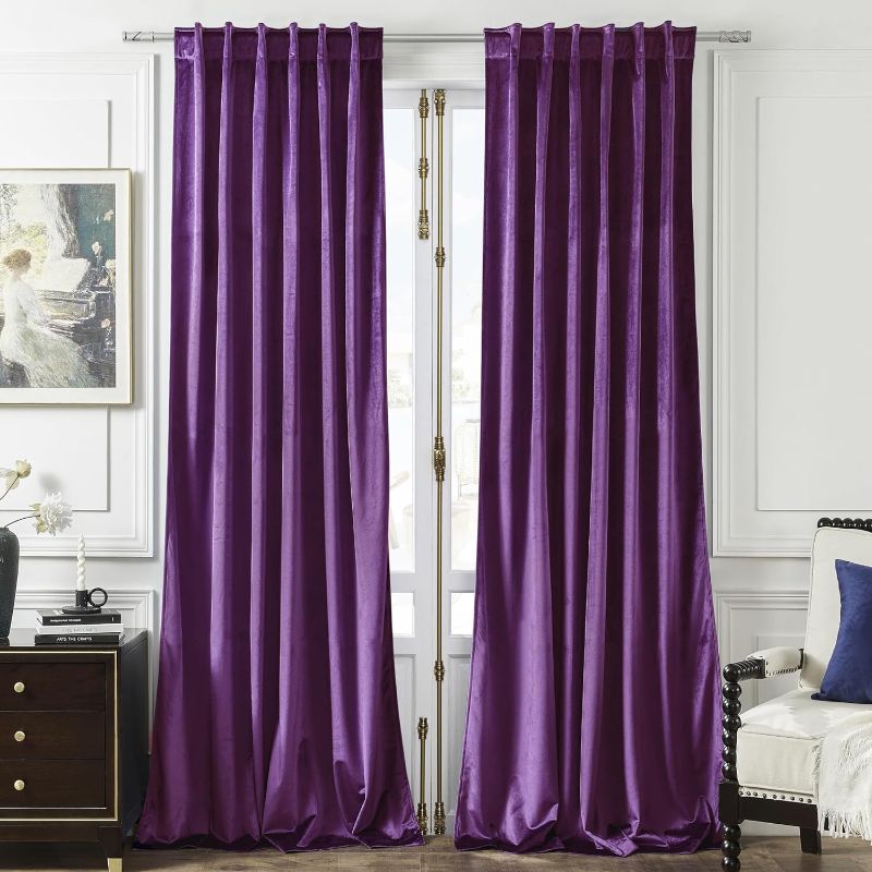 Photo 1 of Timeper Blackout Purple Velvet Curtains - 96 inches Long Privacy Soundproof Soft Thick Drapes Thermal Insulated Panels for Living Room/Office, Back Tab Rod Pocket, W52 x L96, 2 Panels
