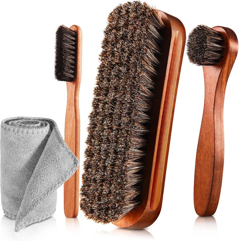 Photo 1 of 4 Pcs Horsehair Shine Shoes Brush Kit Polish Dauber Applicators Cleaning Leather Shoes Boots Care Brushes Suede Cleaner Brush with Microfiber Shoe Cloth(4 Pcs Style A)
