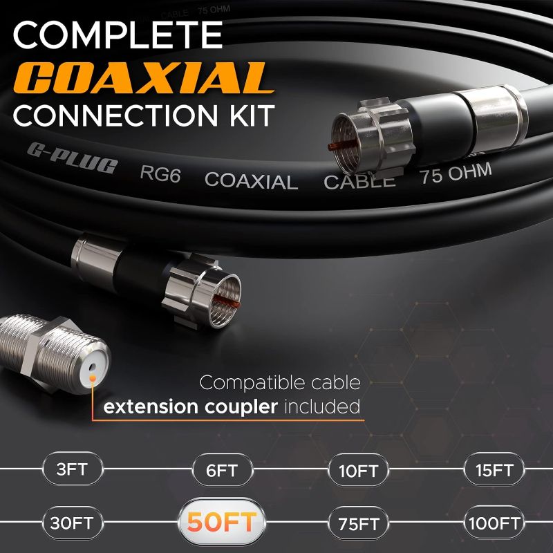 Photo 2 of G-PLUG 50FT RG6 Coaxial Cable Connectors Set – High-Speed Internet, Broadband and Digital TV Aerial, Satellite Cable Extension – Weather-Sealed Double Rubber O-Ring and Compression Connectors Black
