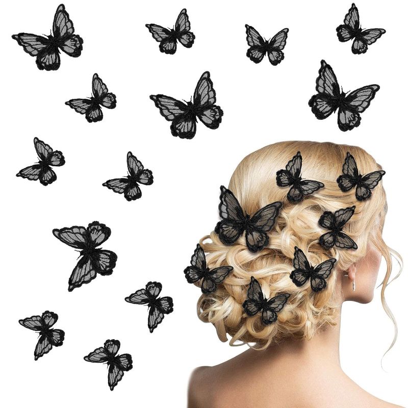 Photo 1 of 18 Pieces Halloween Lace Hair Bows Embroidery Butterfly Pins Clip Hair Accessories for Cosplaying Women Girls Teens, 2 Sizes (Black)
