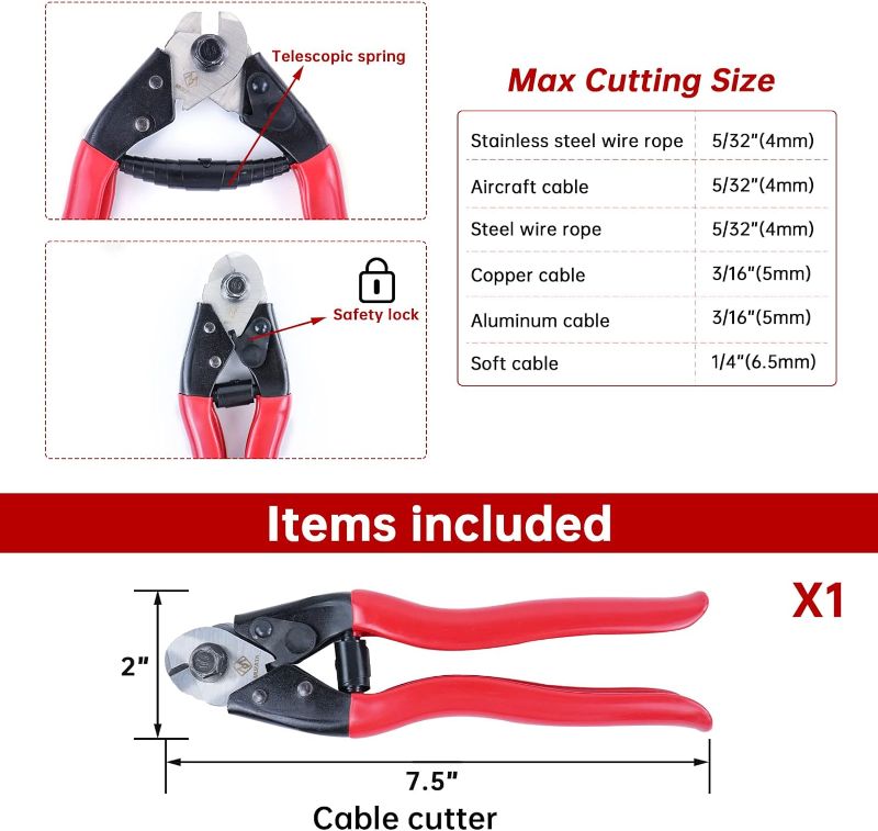 Photo 2 of Muzata Cable Cutter Wire Rope Heavy Duty Stainless Steel Aircraft Up to 5/32" for Deck Stair Railing Strong Thick Seal Metal Fence Bike Bicycle Brake Cutter CR12, CT1
