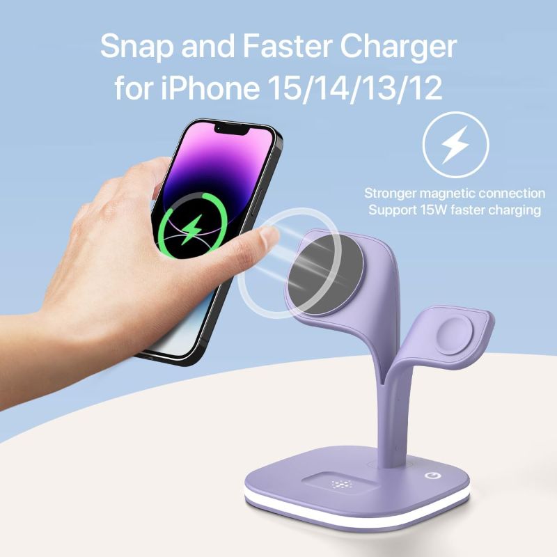 Photo 2 of Magnetic Wireless Charger, Charging Station, EXW 5 in 1 Fast Mag-Safe Wireless Charger Stand for iPhone 14,13,12 Pro/Max/Mini/Plus, Apple Watch 8/7/6/SE/5/4/3/2 and Airpods (Purple)
