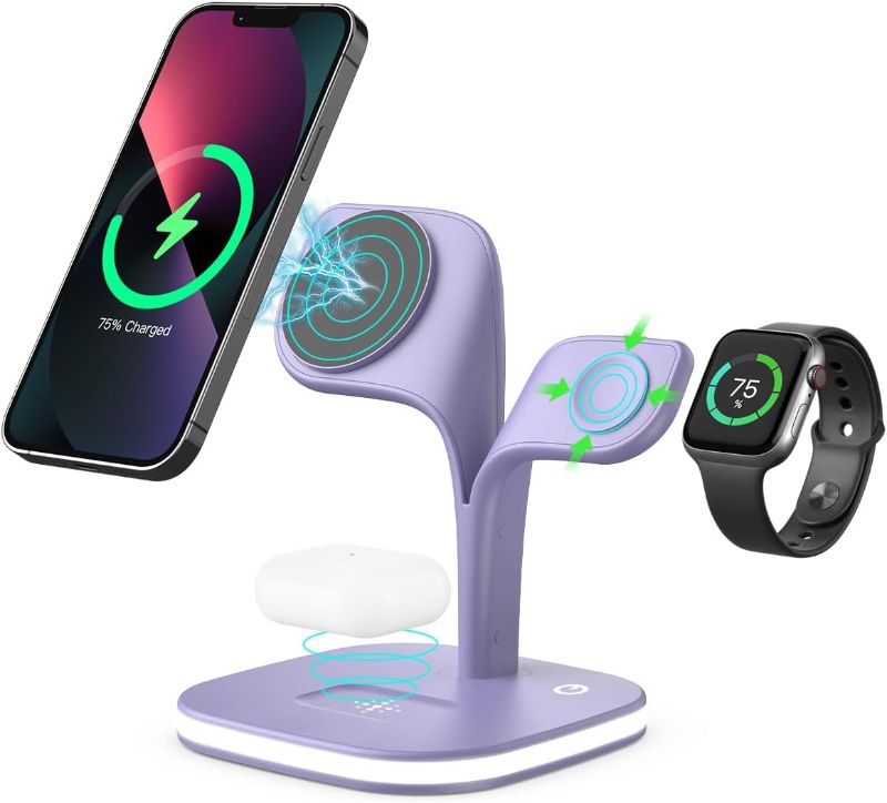 Photo 1 of Magnetic Wireless Charger, Charging Station, EXW 5 in 1 Fast Mag-Safe Wireless Charger Stand for iPhone 14,13,12 Pro/Max/Mini/Plus, Apple Watch 8/7/6/SE/5/4/3/2 and Airpods (Purple)
