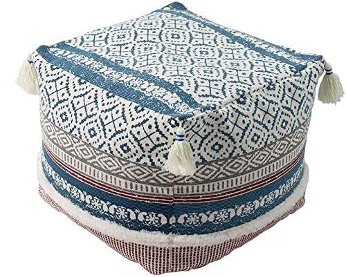 Photo 1 of Boho Tufted Decorative Unstuffed Pouf - Farmhouse Casual Ottoman Pouf Cover with Big Tassels, Handwoven Footrest/Cushion Cover ONLY for Bedroom Living Room, 18"x18"x16", Blue
