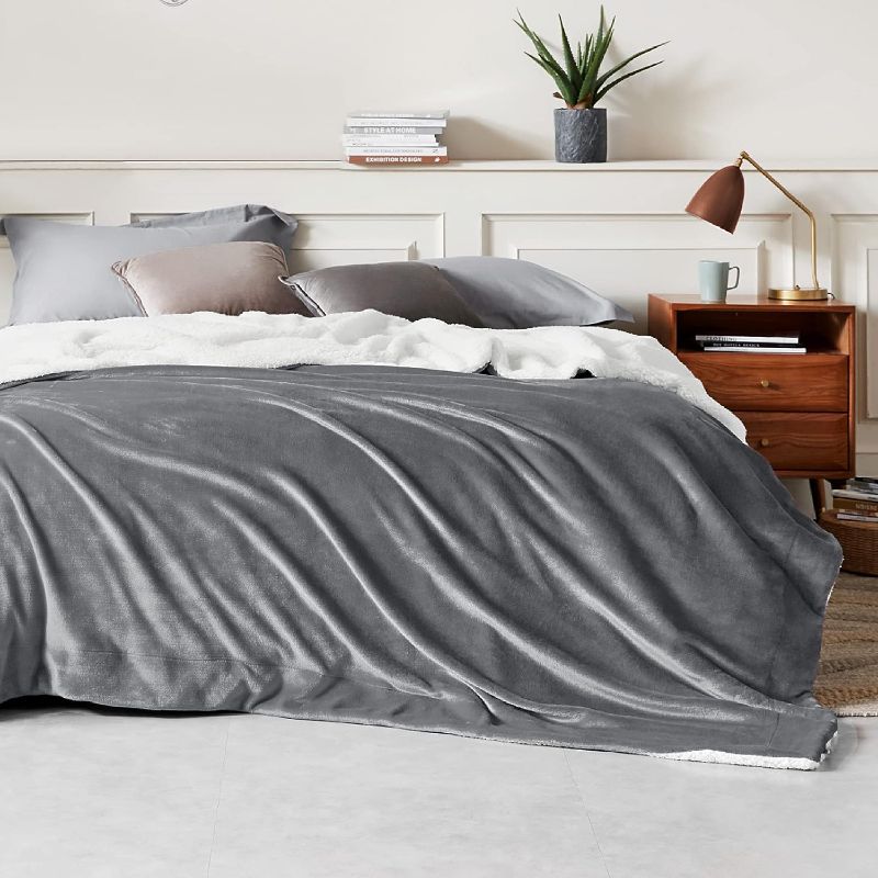 Photo 3 of Bedsure Sherpa Fleece King Size Blanket for Bed - Thick and Warm for Winter, Soft and Fuzzy Large Blanket King Size, Grey, 108x90 Inches
