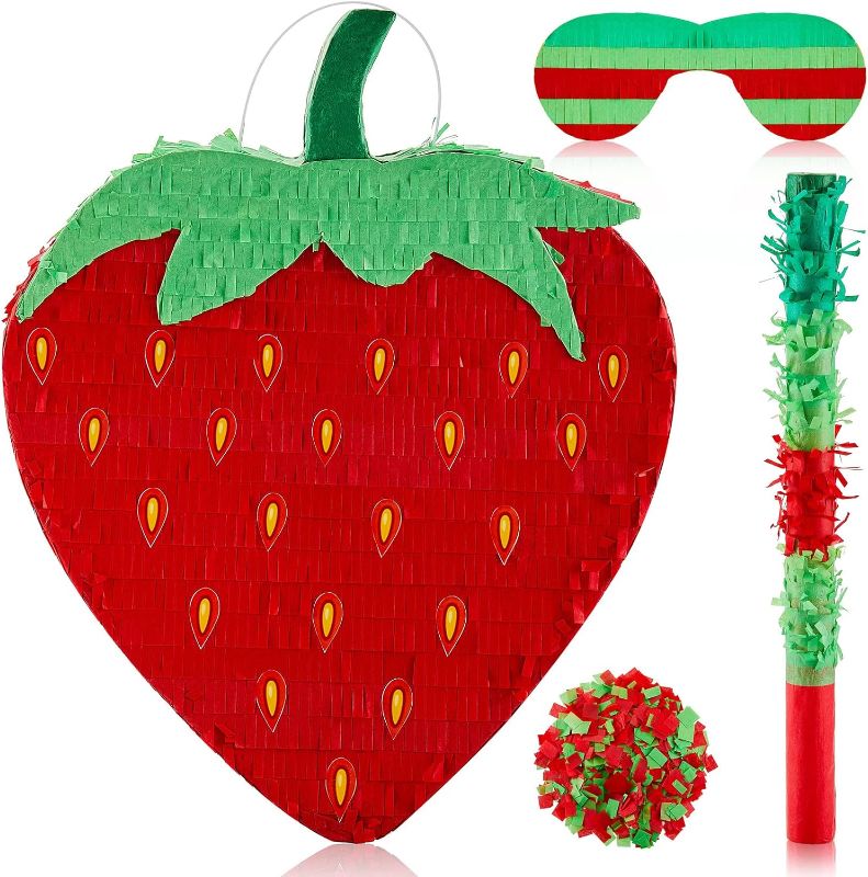 Photo 1 of Sotiff 17 Inch Strawberry Pinata with Stick Eye Mask Confetti for Kids Boys Girls Strawberry Party Fruit Summer Theme Birthday Party Baby Shower Decorations Party Game Supplies
