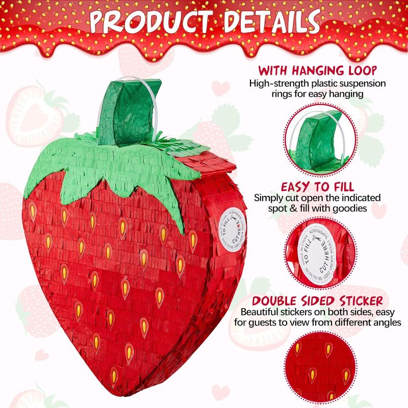 Photo 2 of Sotiff 17 Inch Strawberry Pinata with Stick Eye Mask Confetti for Kids Boys Girls Strawberry Party Fruit Summer Theme Birthday Party Baby Shower Decorations Party Game Supplies
