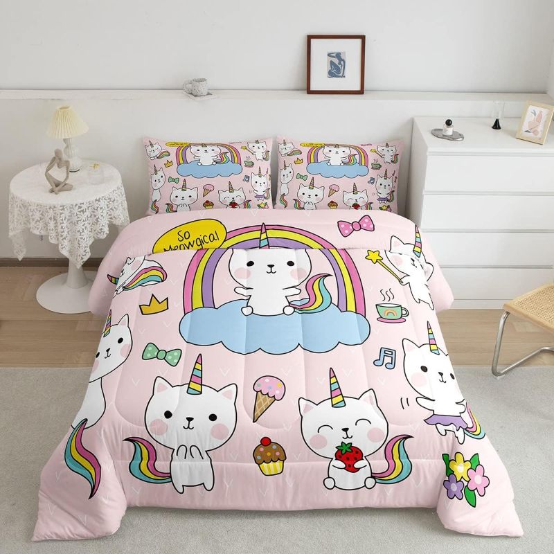 Photo 1 of Feelyou Unicorn Cat Bedding Set Cartoon Unicorn Comforter Set for Kids Girls Toddler Cute Kitten Pattern Comforter Rainbow Unicorn Quilted Duvet Set with 1 Pillowcase 2Pcs Bedding Twin Pink
