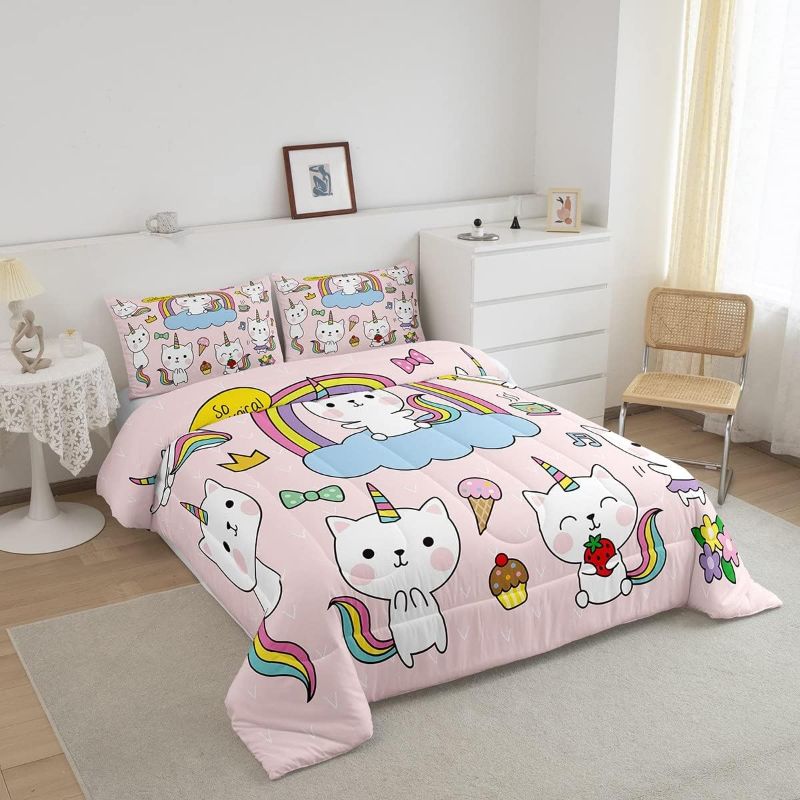 Photo 2 of Feelyou Unicorn Cat Bedding Set Cartoon Unicorn Comforter Set for Kids Girls Toddler Cute Kitten Pattern Comforter Rainbow Unicorn Quilted Duvet Set with 1 Pillowcase 2Pcs Bedding Twin Pink
