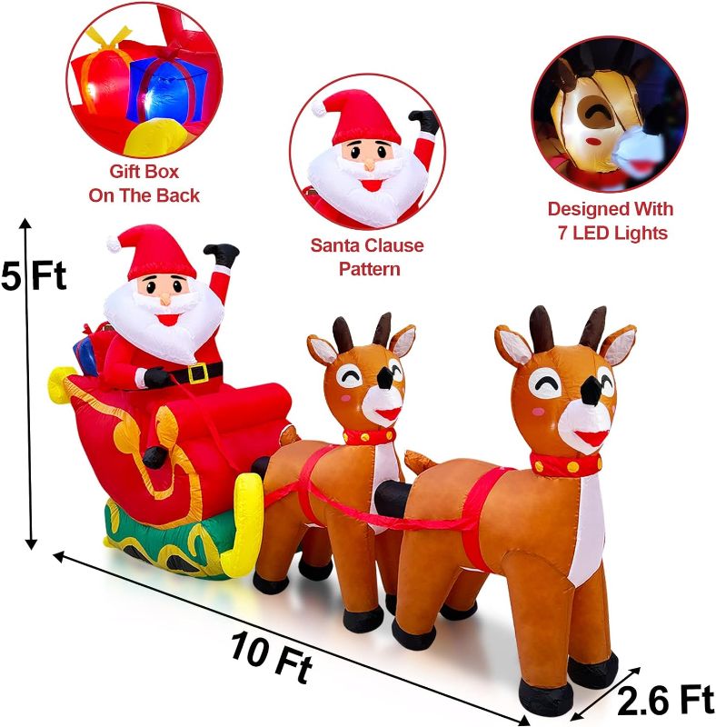 Photo 2 of TURNMEON 10 Foot Long Giant Christmas Inflatable Outdoor Decoration LED Lighted Santa Claus Sleigh with Reindeers Tethers Stakes Christmas Blow up Yard Decoration Home Holiday Lawn Garden Xmas Decor
